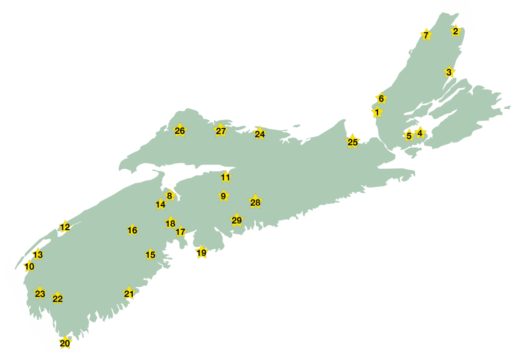 Glamping dome directory. Map of Nova Scotia tagged with glamping dome site locations.